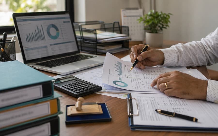 Chartered accountancy workspace with compliance files, financial reports, and a laptop